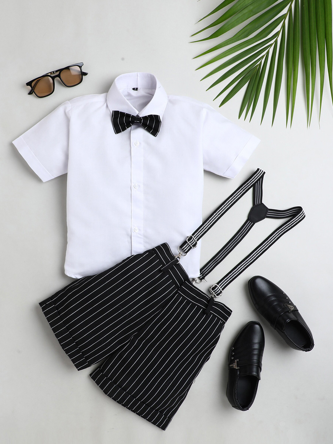 Jeetethnics Boys Black & White Shirt & Shorts With Suspenders