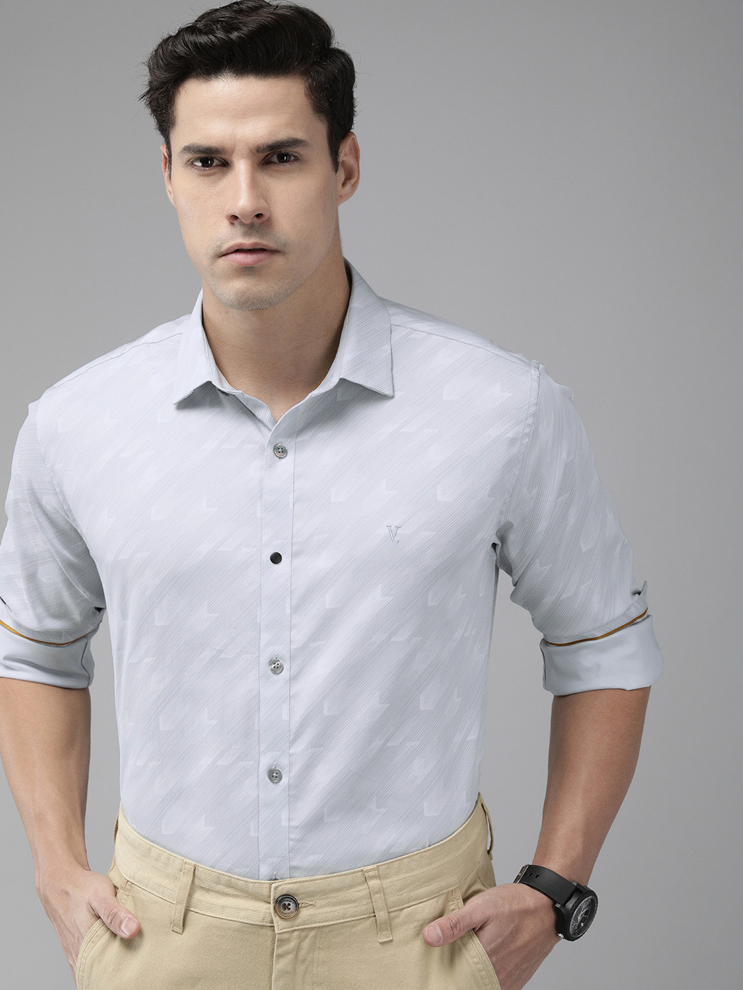 Van Heusen Men Grey Slim Fit Striped Casual Shirt