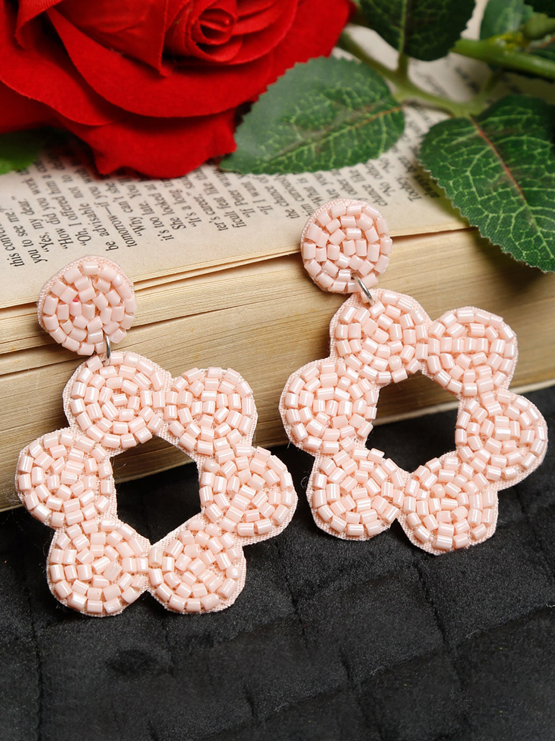 Dhrohar Pink Beaded Fabric Floral Drop Earrings