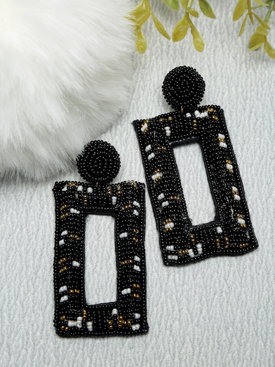 Dhrohar Black & White Beaded Fabric Geometric Drop Earrings