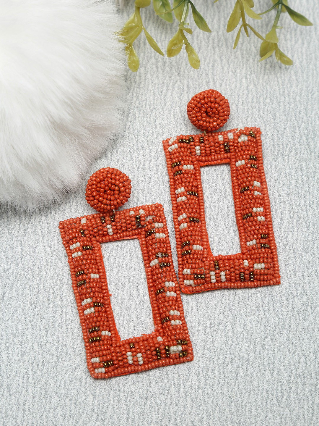 Dhrohar Red & White Beaded Fabric Geometric Drop Earrings