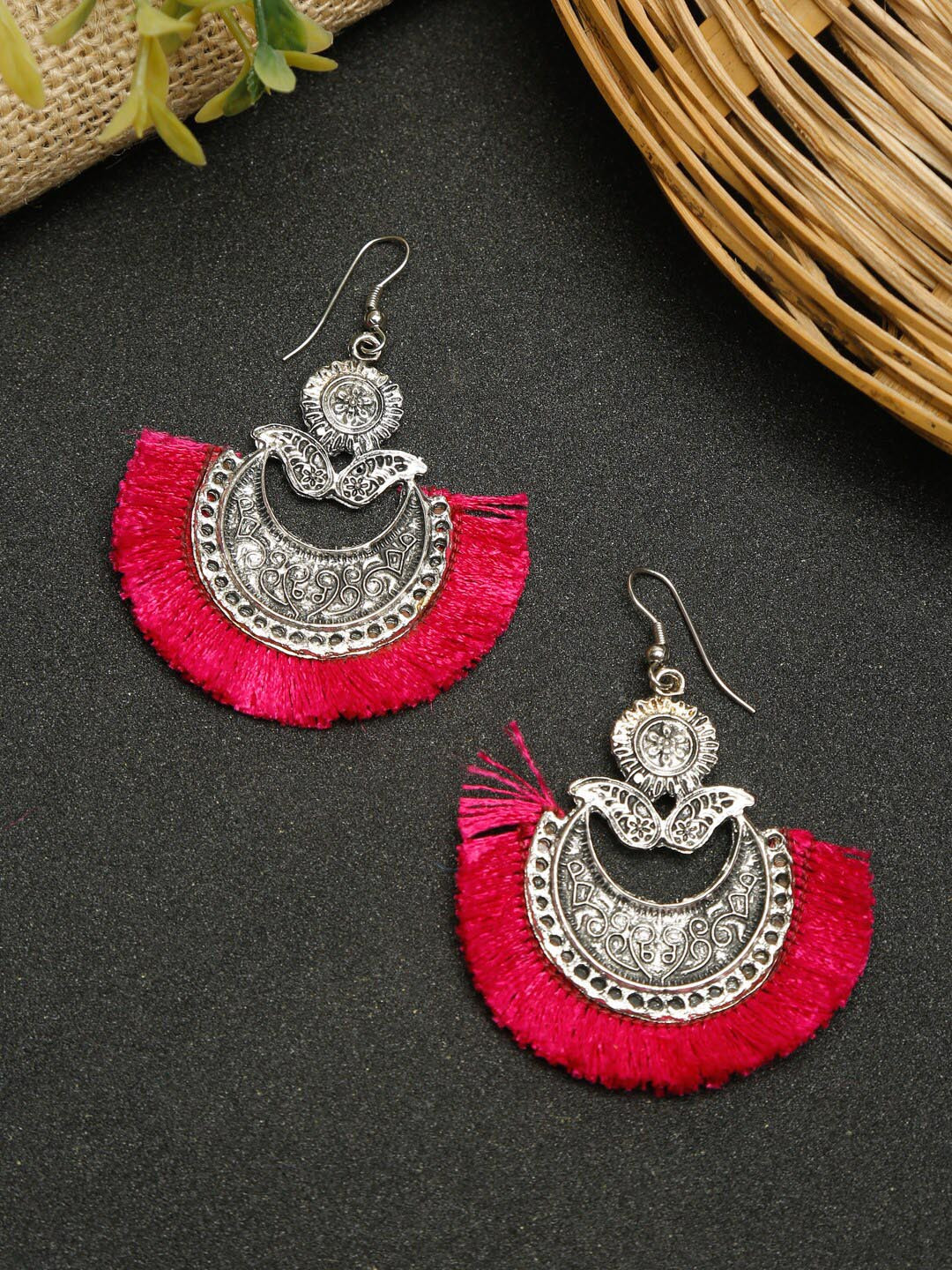 Dhrohar Pink & Silver-Plated Oxidised Contemporary Drop Earrings
