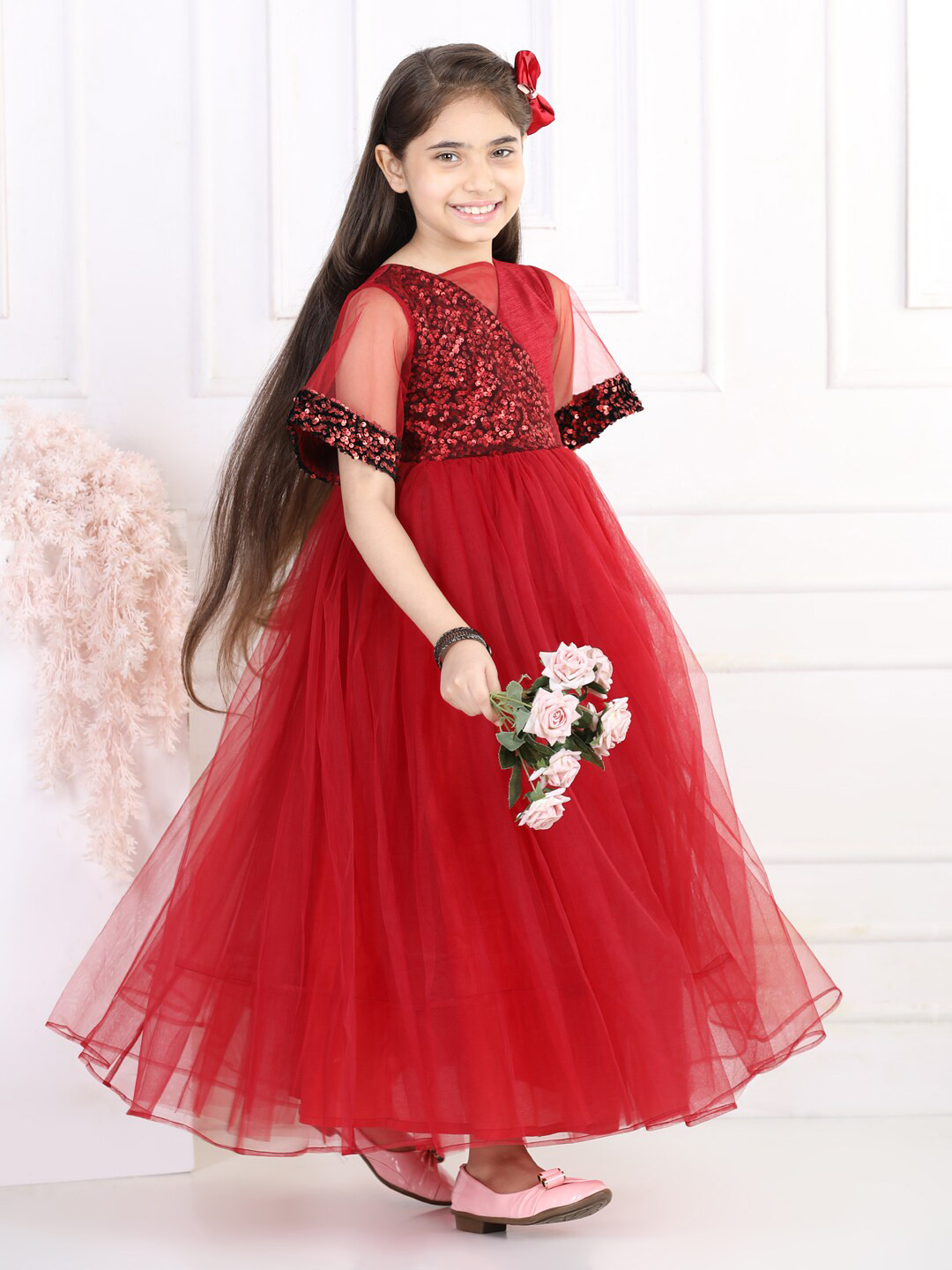Toy Balloon kids Maroon Embellished Net Maxi Dress