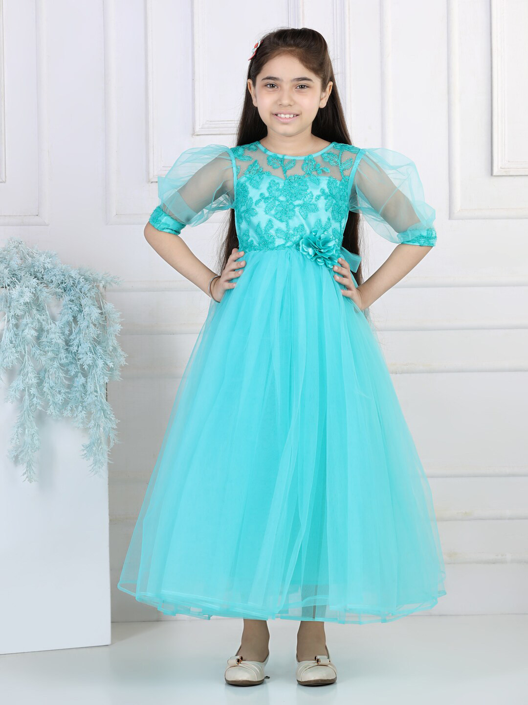 Toy Balloon kids Green Embellished Net Maxi Maxi Dress