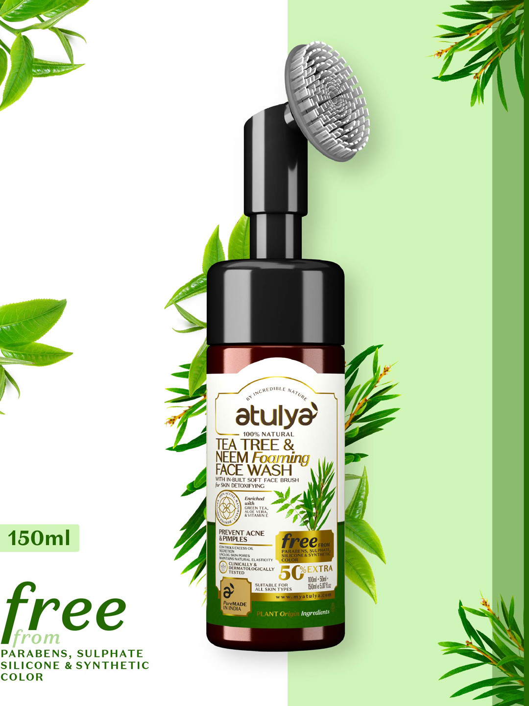 Atulya Tea Tree & Neem Foaming Face Wash with In-Built Soft Face Brush 150 ml