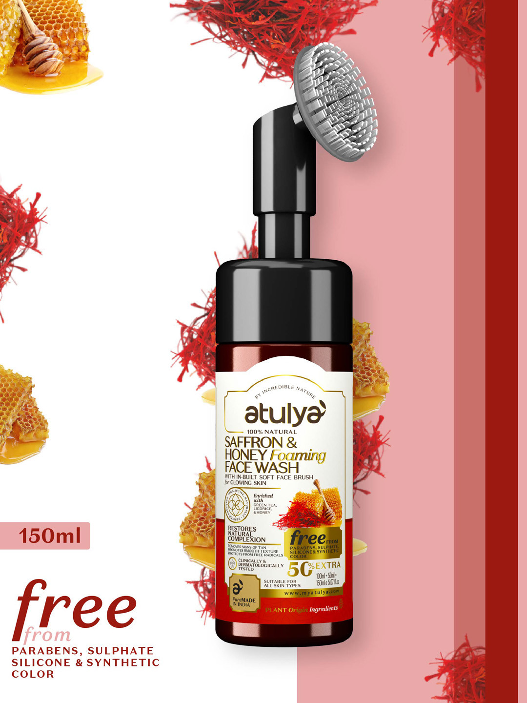 Atulya Saffron & Honey Foaming Face Wash with In-Built Soft Face Brush 150 ml