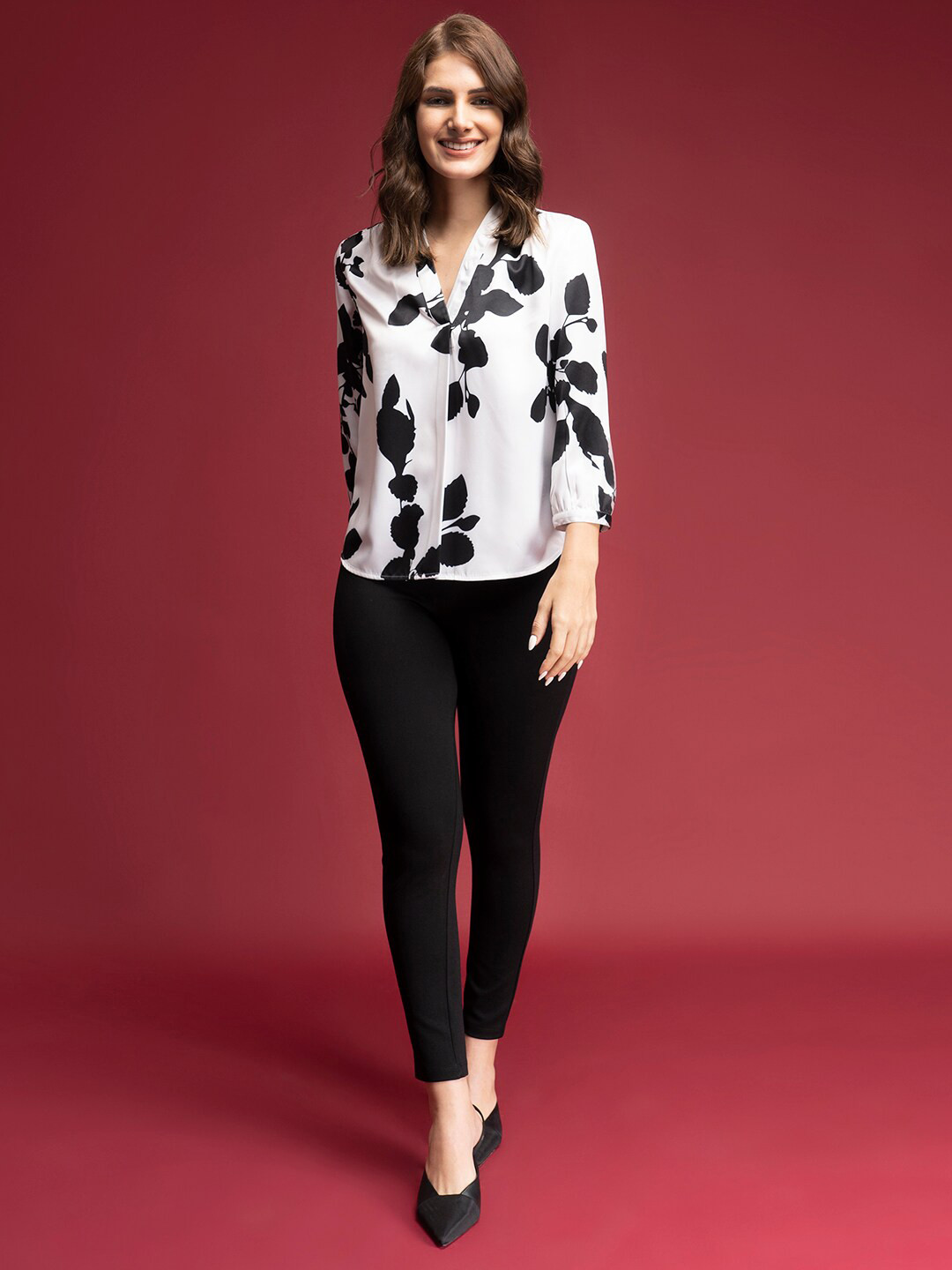 FableStreet Women White & Black Floral Print Satin Top