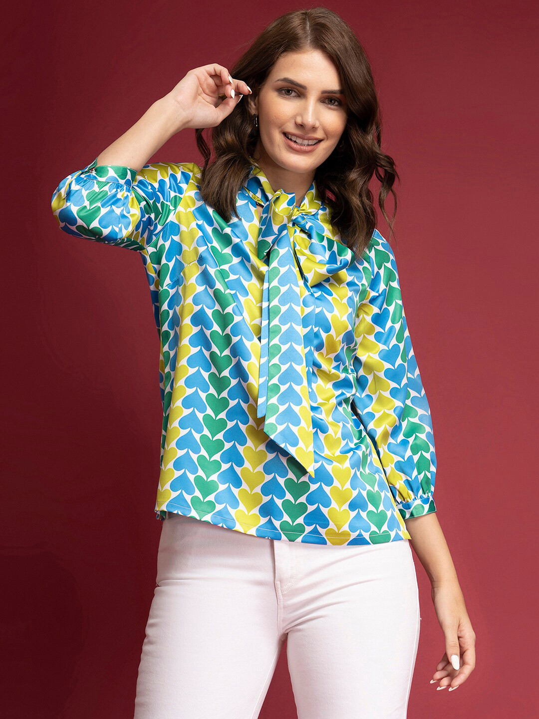 FableStreet Women Green & Blue Geometric Print Tie-Up Neck Satin Shirt Style Top