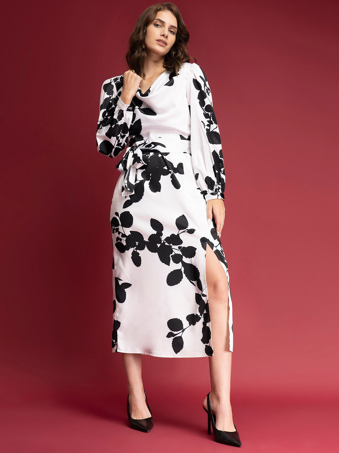 FableStreet Floral Cowl Neck Satin Formal Midi Women Dress
