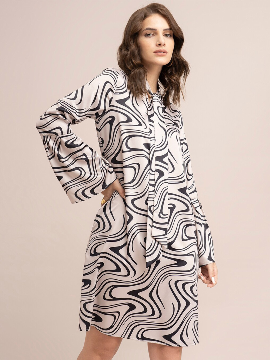 FableStreet Women Off White & Grey Animal Tie-Up Neck Satin Formal Shirt Dress