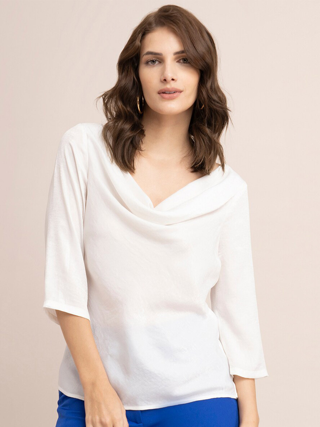 FableStreet Women Off White Cowl Neck Satin Top