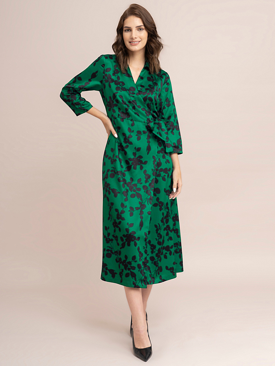 FableStreet Green Floral Satin Midi Dress