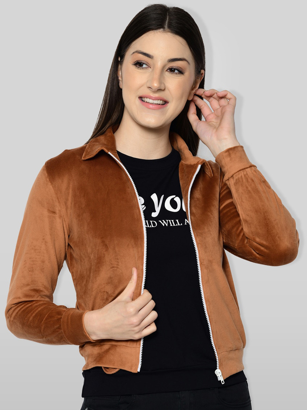 Fuchsia  Women Brown Fleece Lightweight Crop Tailored Jacket