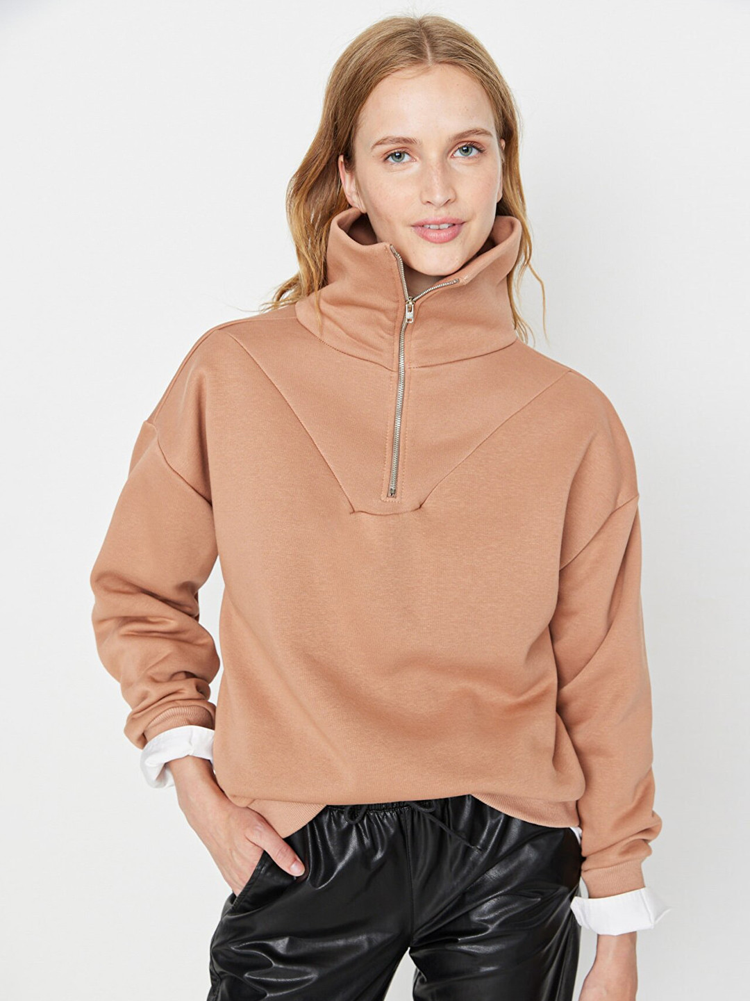 Trendyol Women Brown High Neck Cotton Sweatshirt