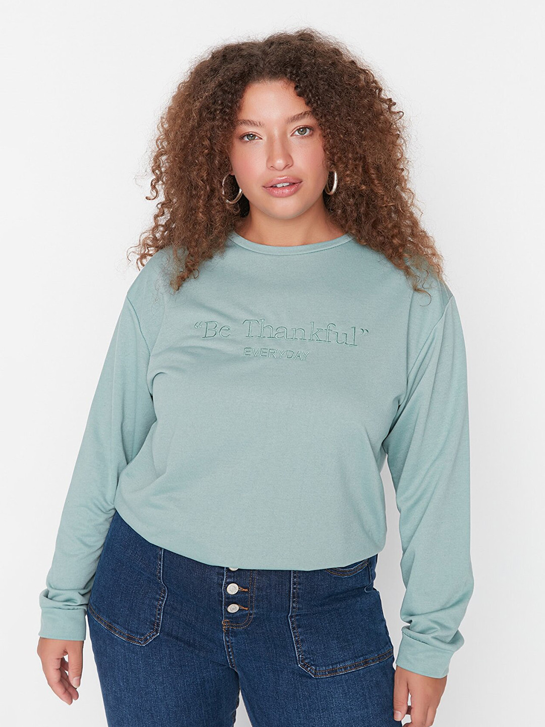 Trendyol Women Mint Blue Round Neck Cotton Sweatshirt