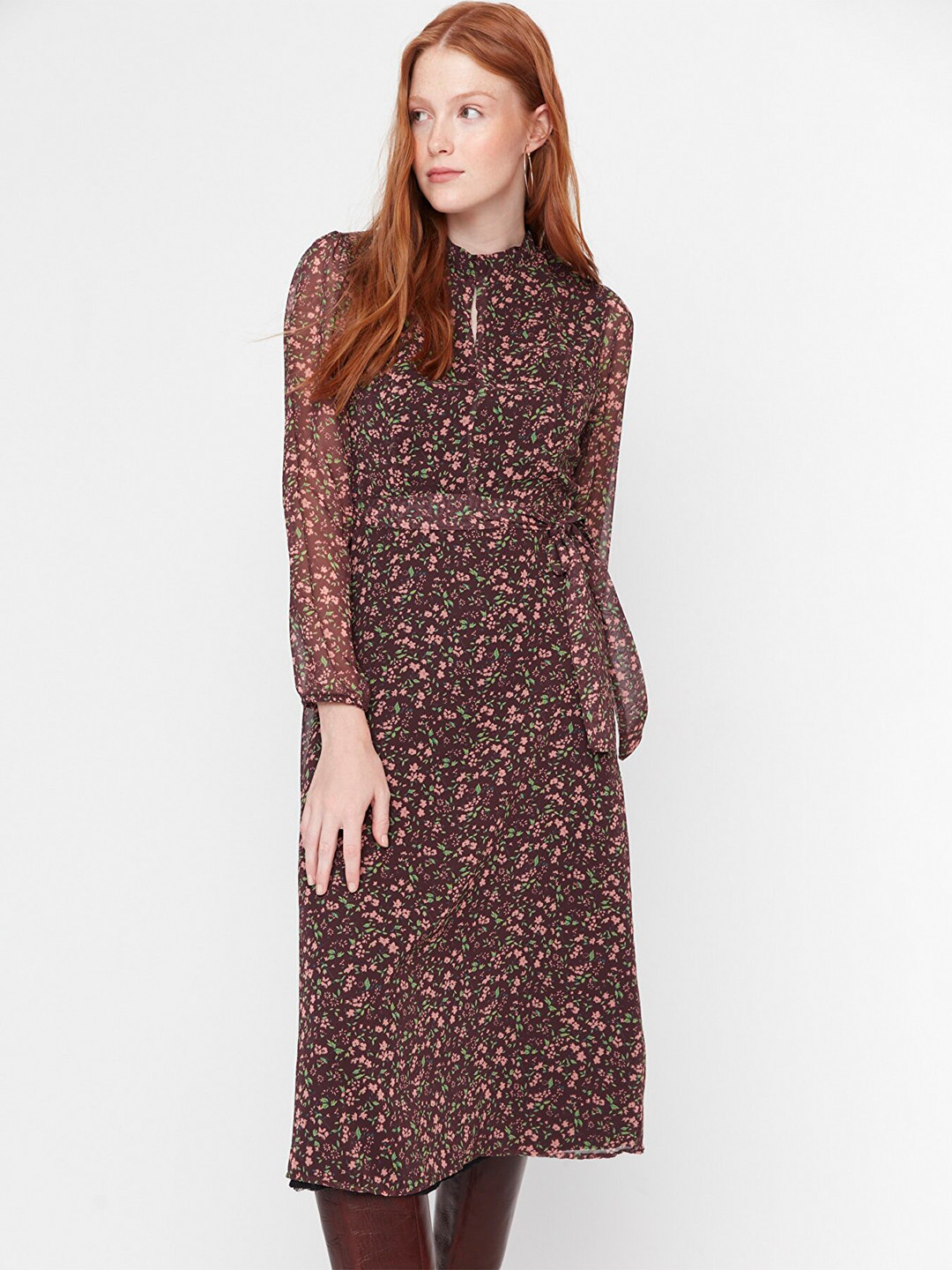 Trendyol Women Burgundy & Pink Floral Printed A-Line Midi Dress