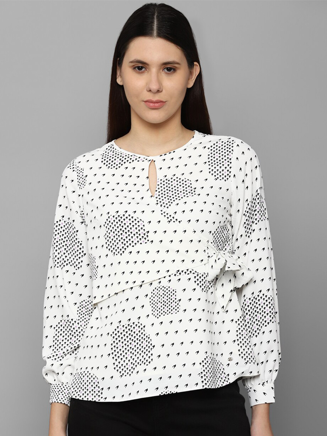 Allen Solly Woman White & Black Print Keyhole Neck Top