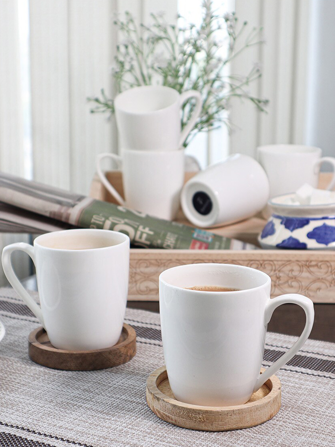 Femora Traditional Engraved Design White Bone China Microwave Safe 6 Piece Cups-160ml