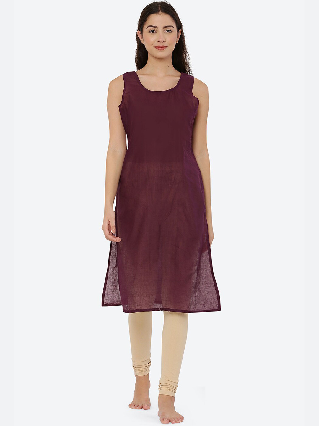 FAWOMENT Women Round Neck Sleeveless Semi Sheer Side Slit Long line Cotton Camisole