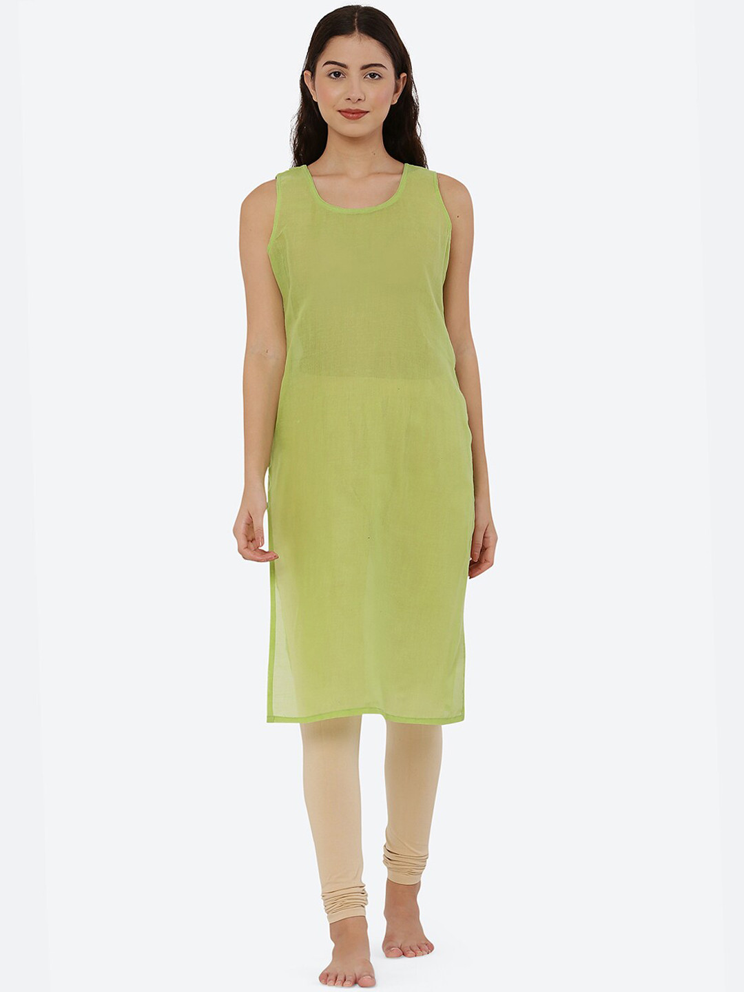 FAWOMENT Women Round Neck Sleeveless Semi Sheer Side Slit Long line Cotton Camisole