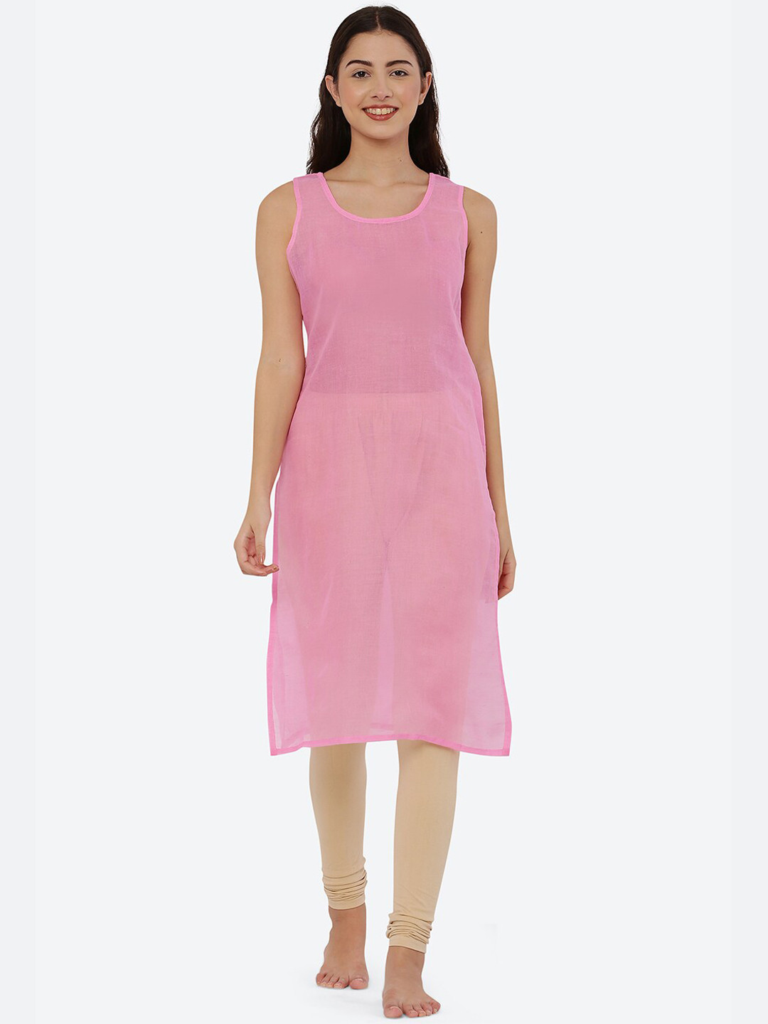 FAWOMENT Women Round Neck Sleeveless Semi Sheer Side Slit Long line Cotton Camisole