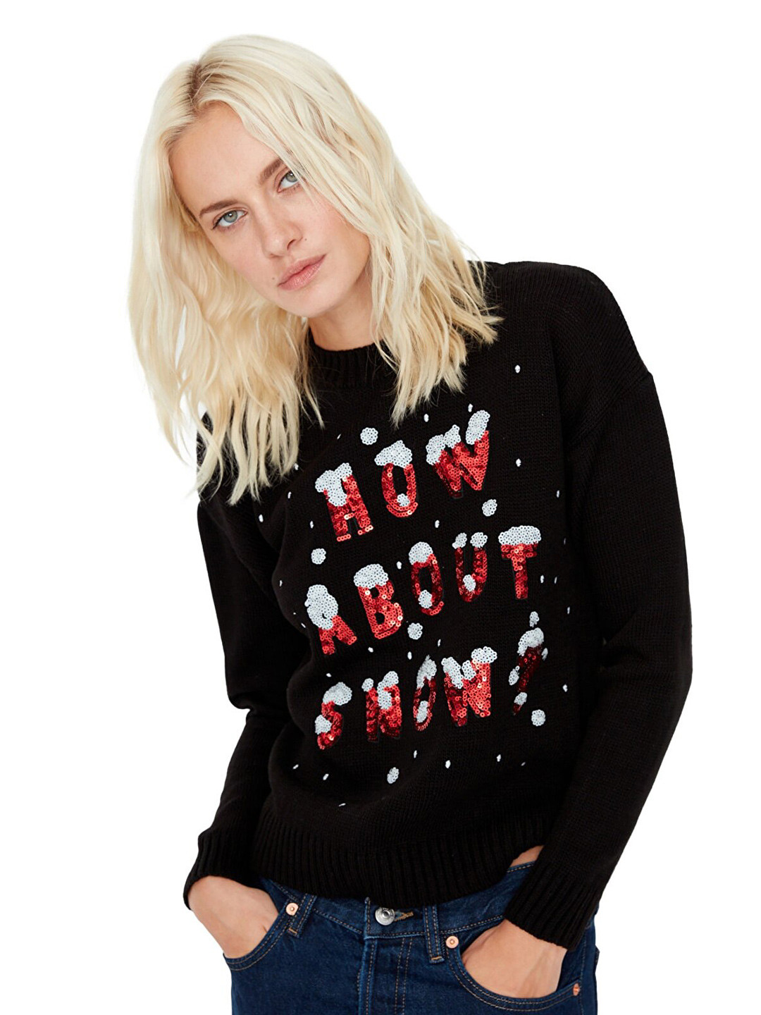 Trendyol Women Black & Red Typography Pullover with Embellished Detail