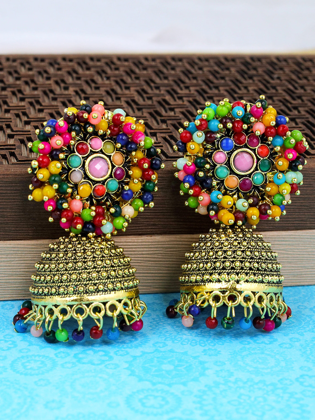 Fashion Frill Gold-Toned & Pink Floral Jhumkas Earrings