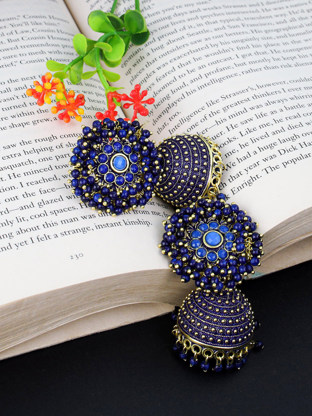 Fashion Frill Blue & Gold-Plated Pearl Studded Floral Jhumkas Earrings