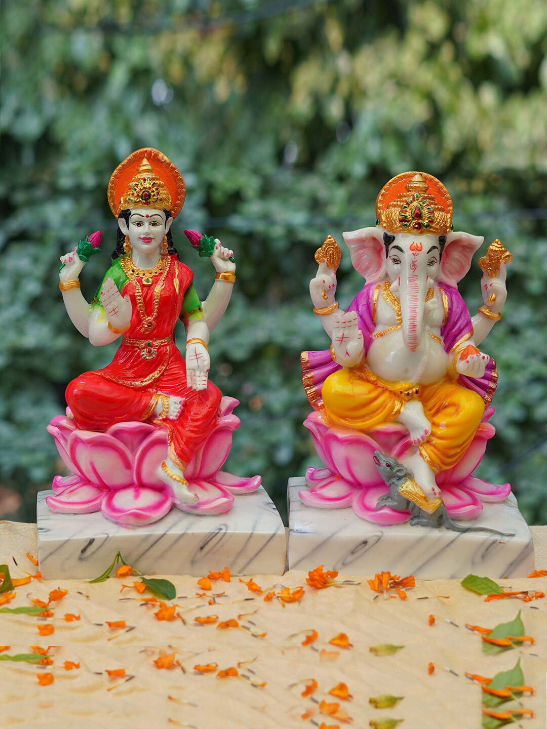 Gallery99 Laxmi Ganesh White Marble Glossy Prayer Room Hand-Painted Set of 2 Small Showpieces - 10 Inches
