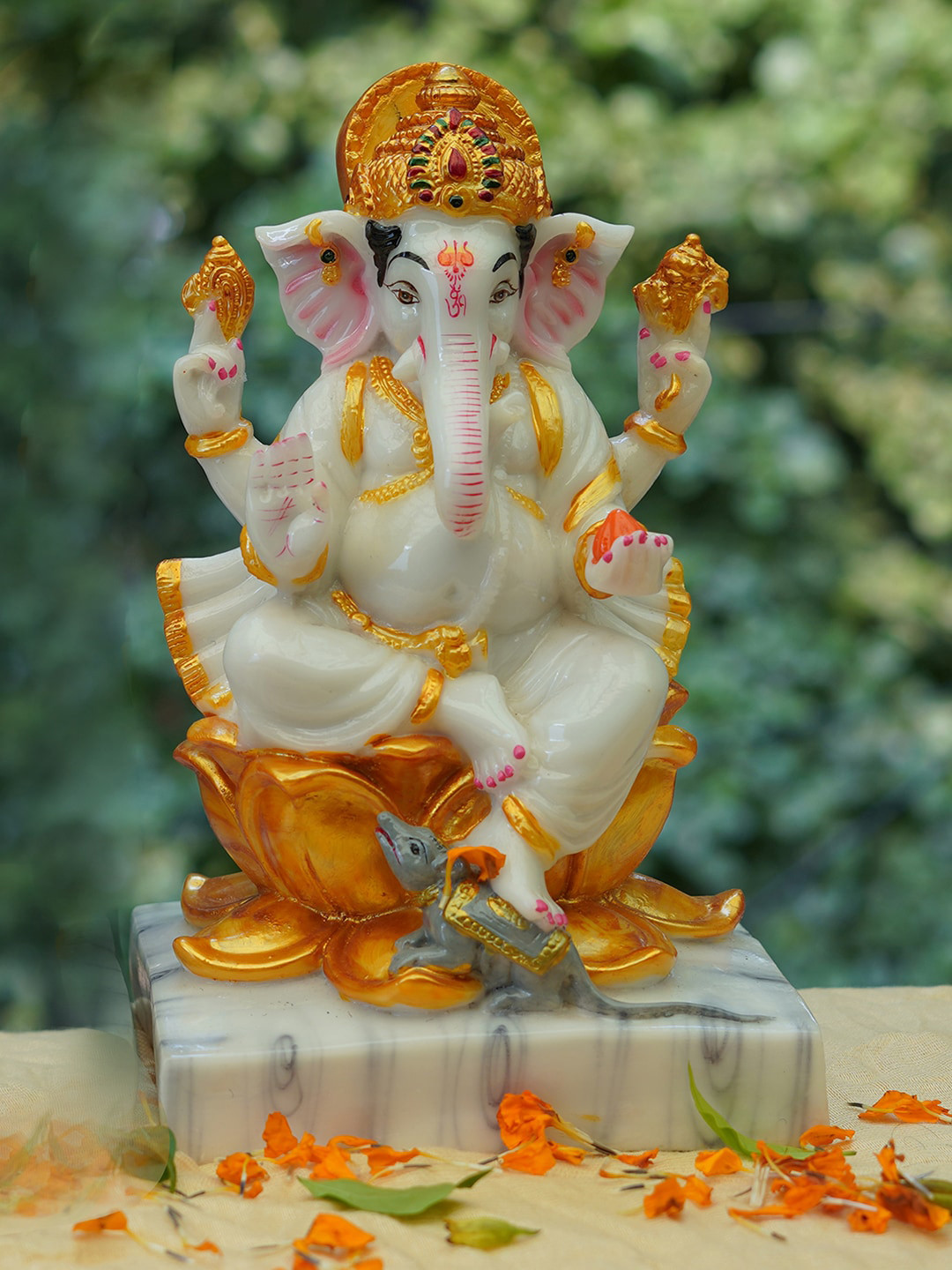 Gallery99 Ganesh White Marble Metallic Prayer Room Hand-Painted Medium Showpiece - 10 Inches