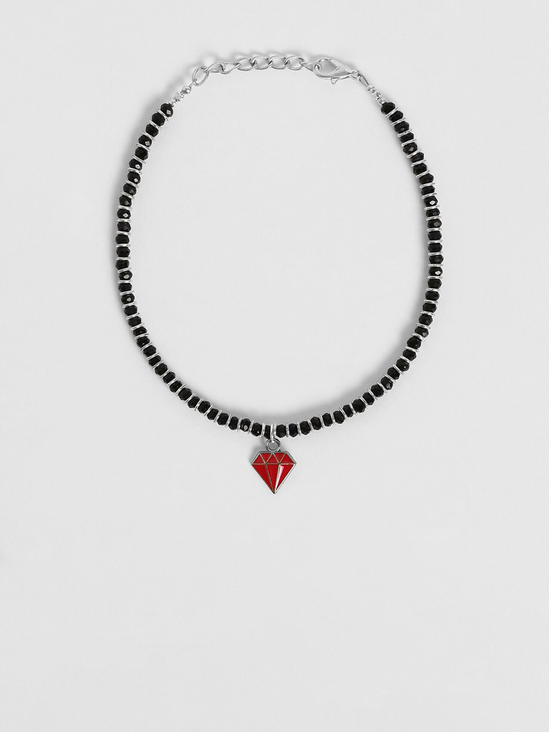 EL REGALO Silver-Toned & Black Beaded Diamond Charm Anklets