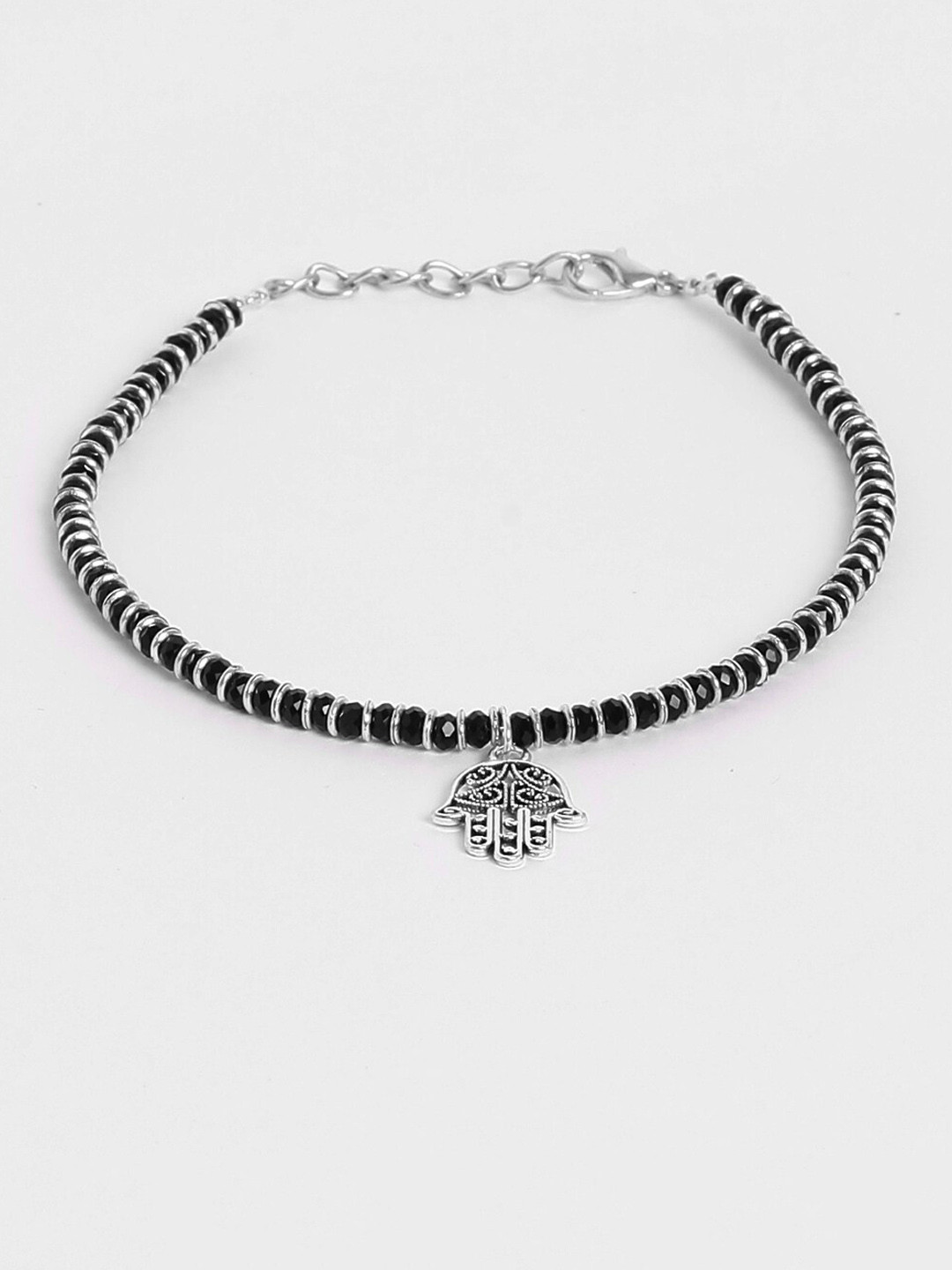 EL REGALO Silver-Toned & Black Beaded With Hand Textured Charm Anklets