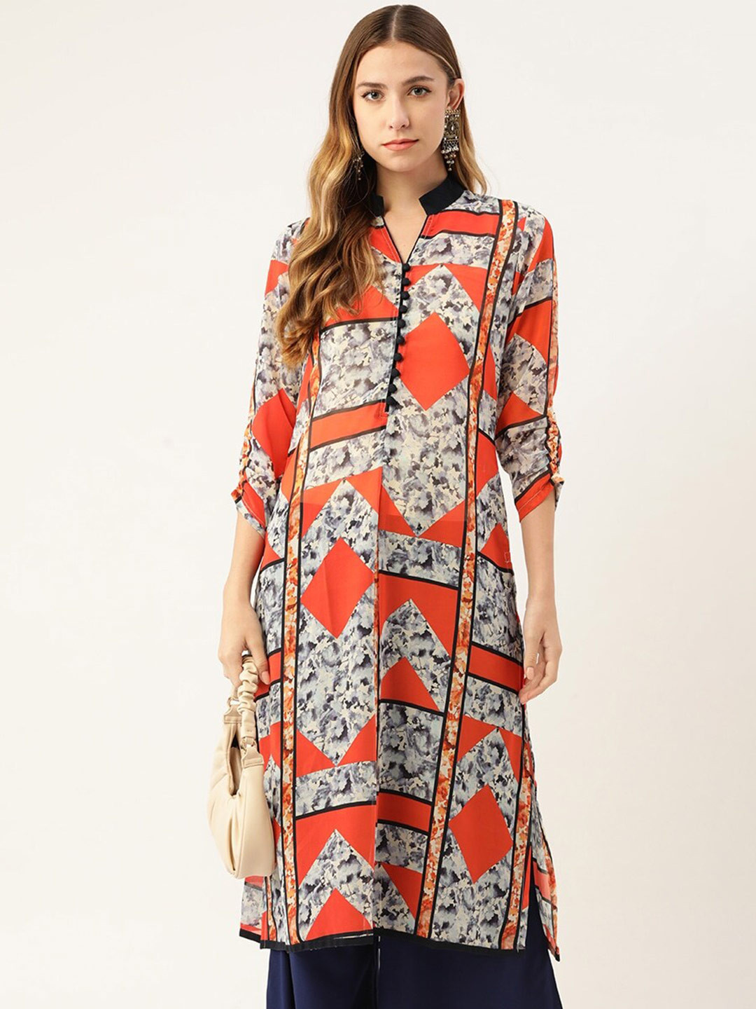 Magnetic Designs Women Orange Geometric Printed Floral Georgette Kurta