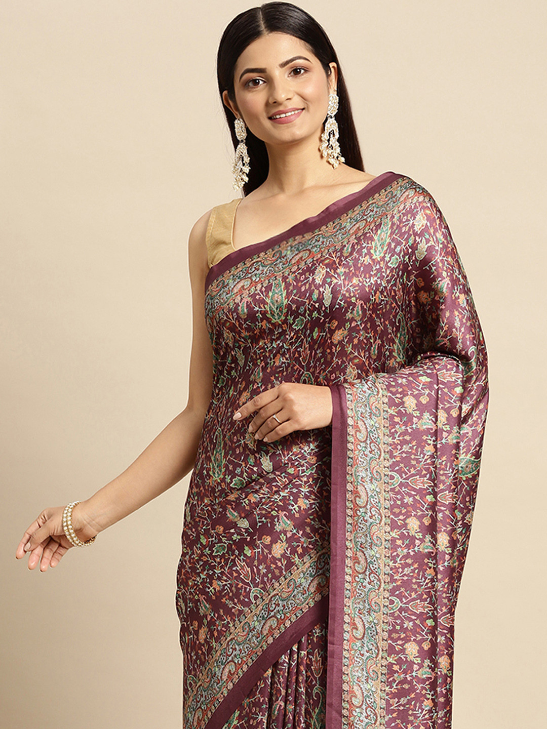 Mitera Burgundy Ethnic Motifs Pashmina Silk Saree