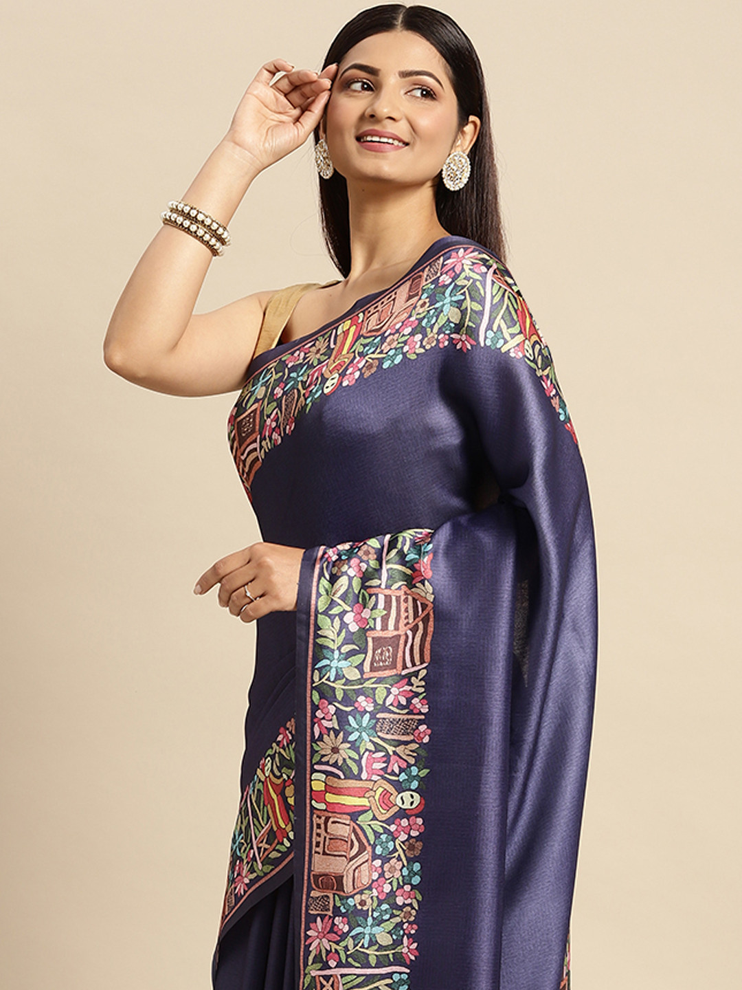 Mitera Blue Floral Pashmina Silk Saree