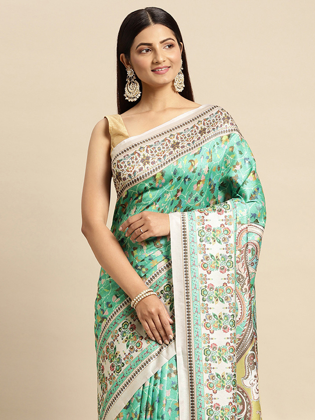 Mitera Green & White Ethnic Motifs Pashmina Silk Saree