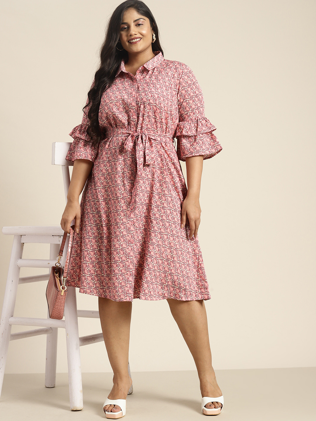 Sztori Plus Size Floral Printed Ruffle Detail Shirt Style Dress with a Belt