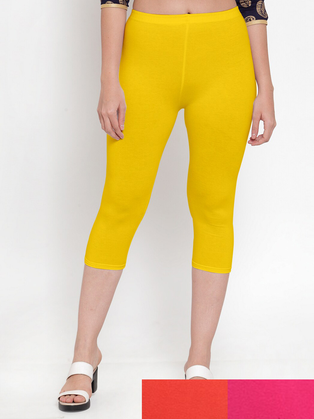 GRACIT Women Pack of 3  Solid Yellow & Pink Capris