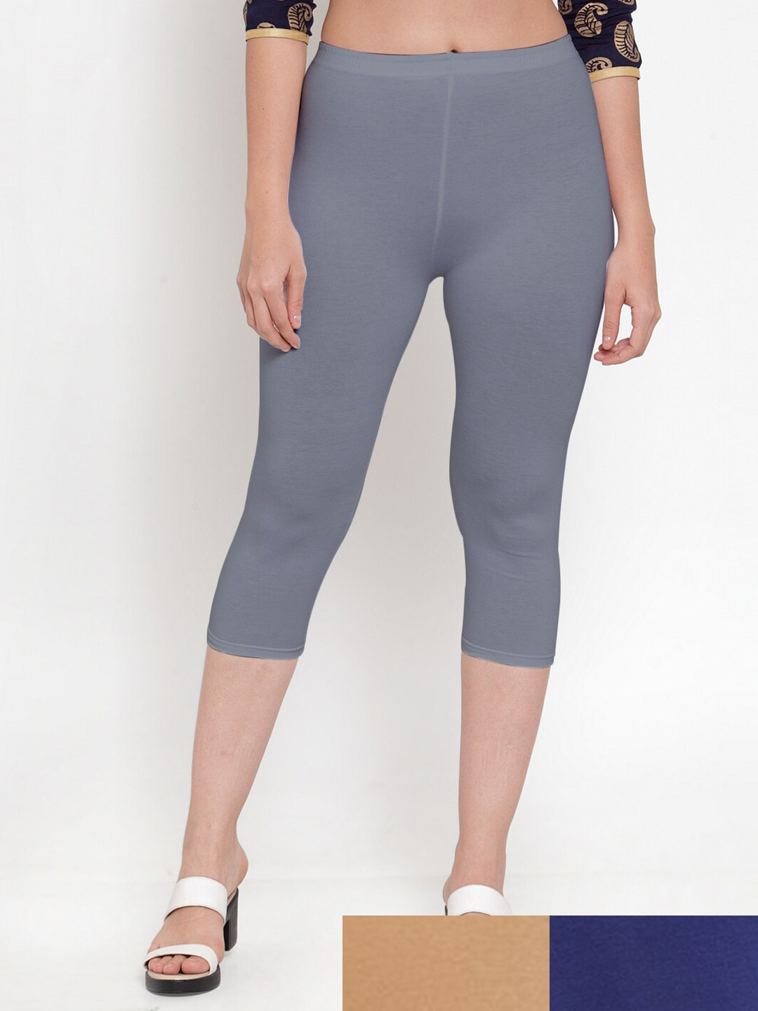 GRACIT Women Pack of 3  Solid Grey & Blue Capris
