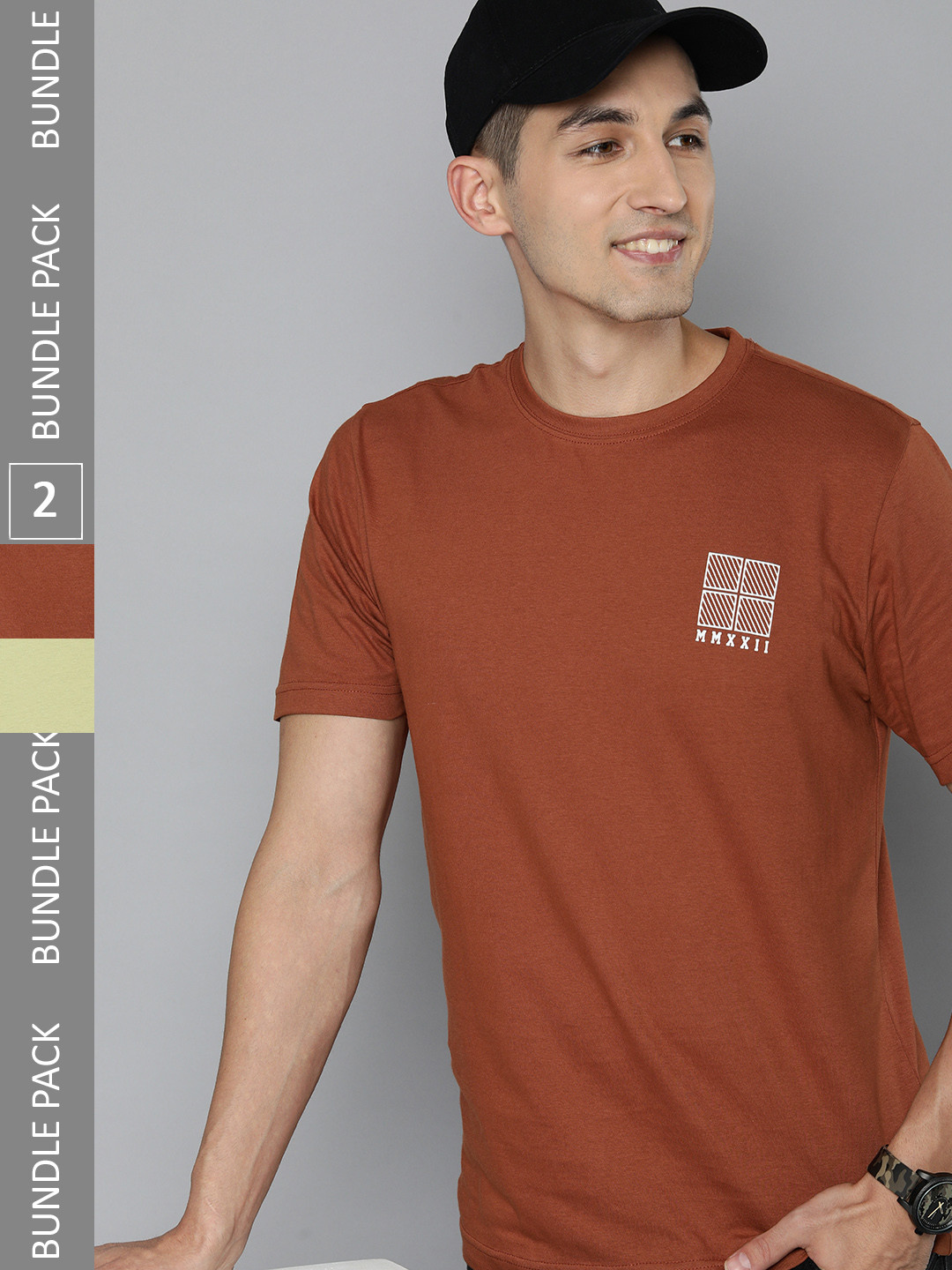 HERE&NOW Men Pack Of 2 Pure Cotton Green & Rust Printed T-Shirts
