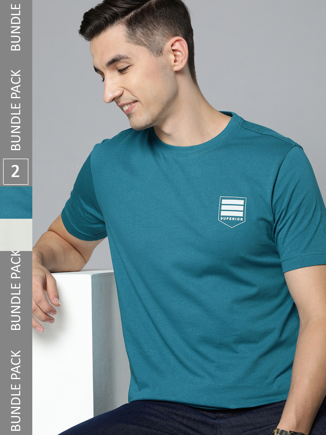 HERE&NOW Men Pack Of 2 Teal Blue & Grey Pure Cotton Printed T-Shirts