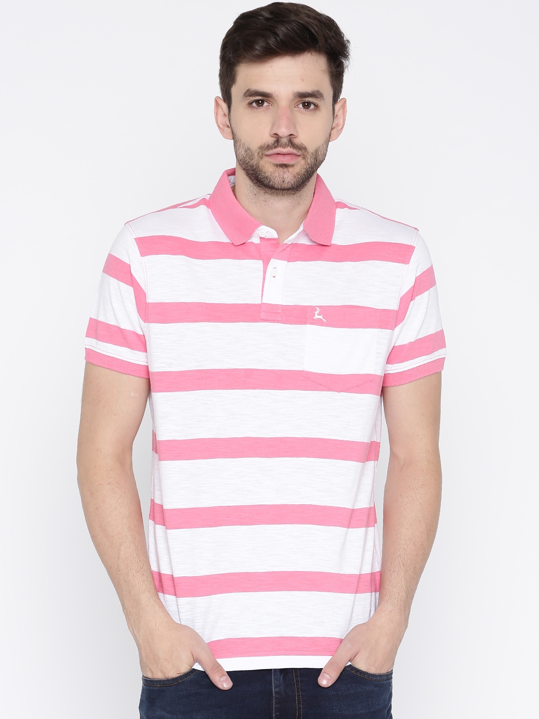 Men's pink and shop white striped polo shirt