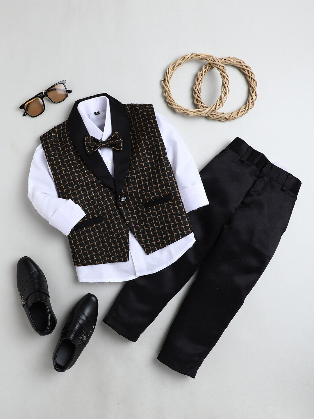 Jeetethnics Boys White & Black Shirt & Trouser Set With Waist Coat