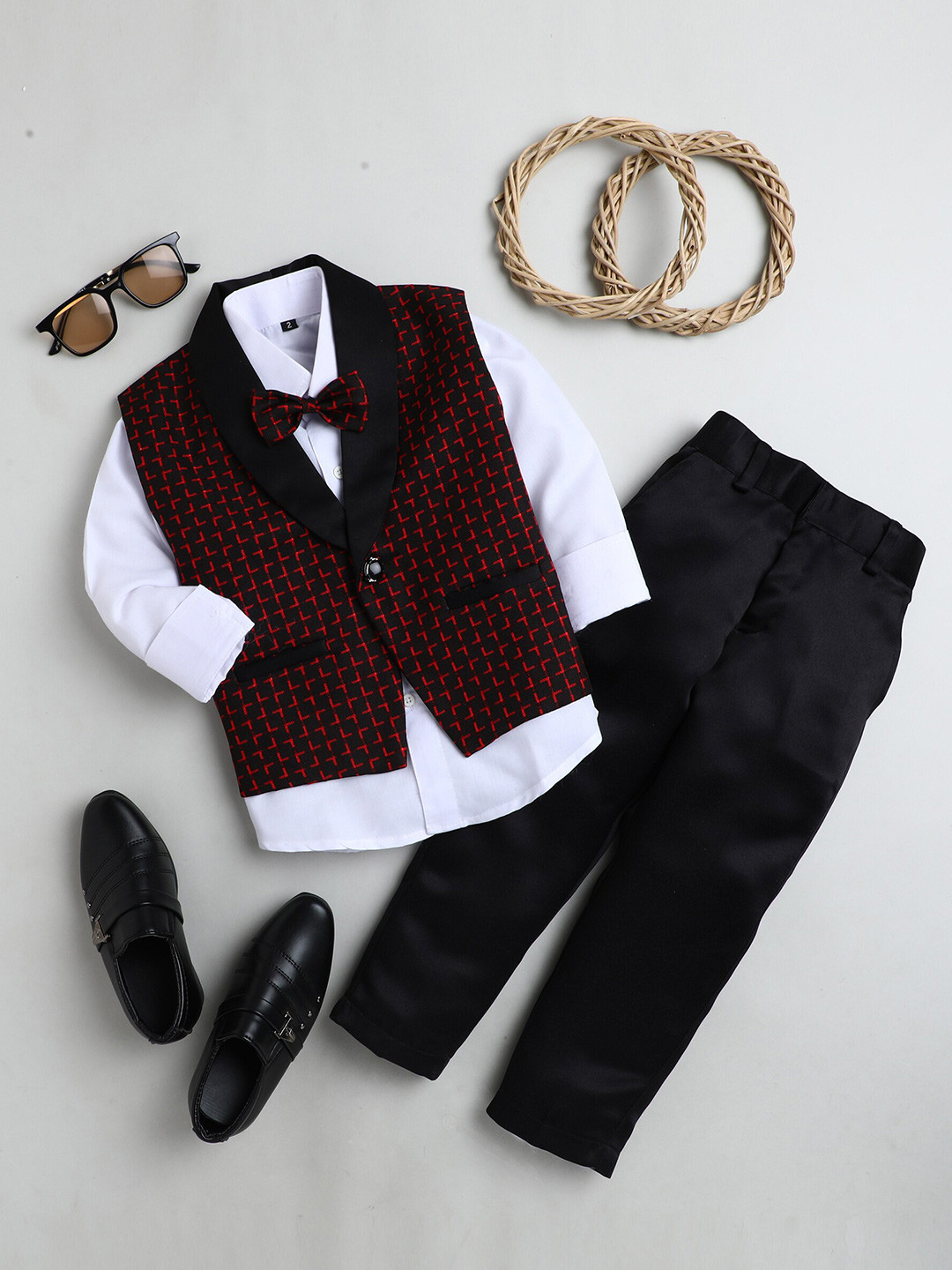 Jeetethnics Boys Black & Red Shirt & Trouser Set With Waist Coat