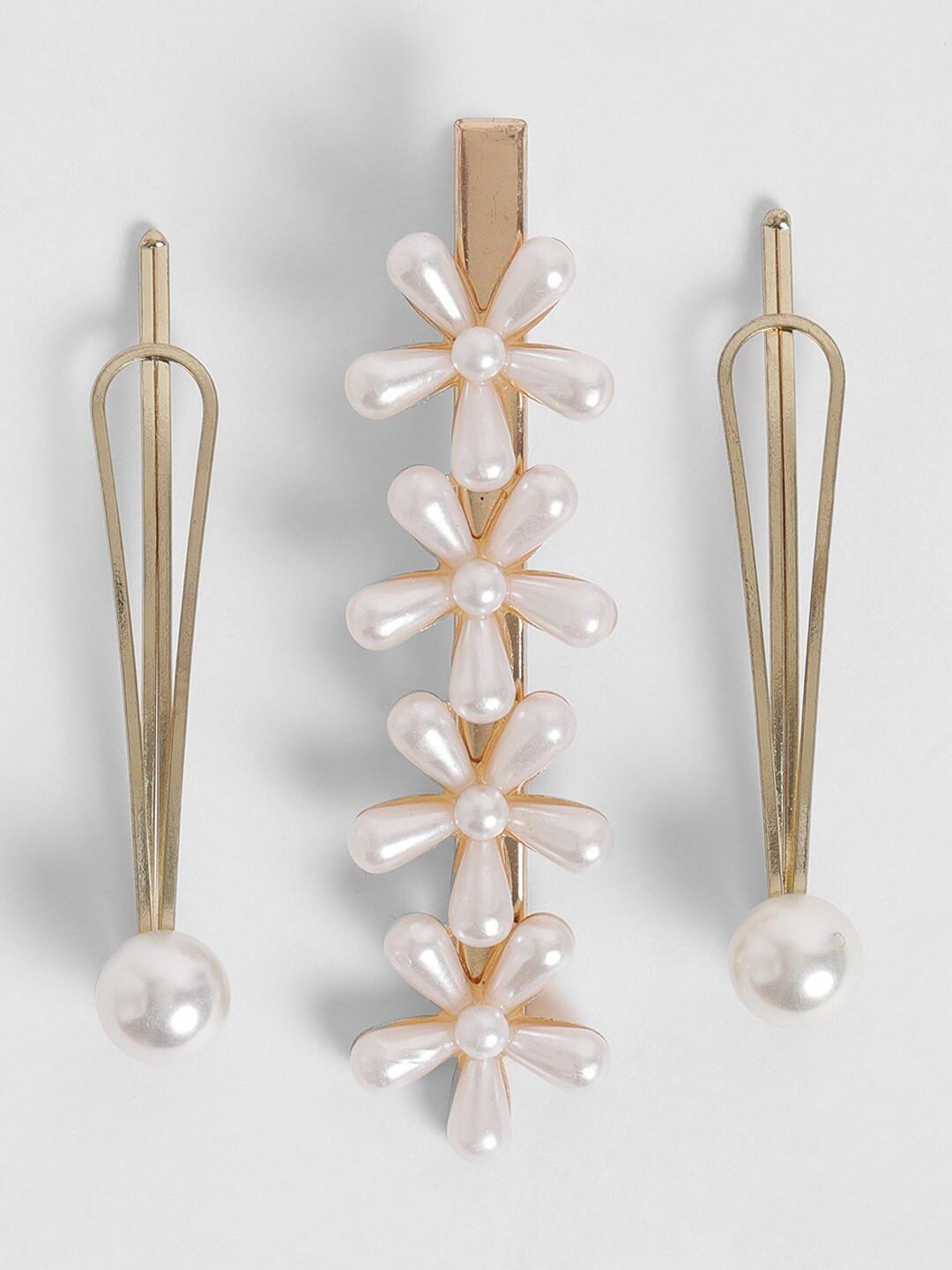 EL REGALO Women Gold-Toned & White Set of 3 Embellished Alligator Hair Clip