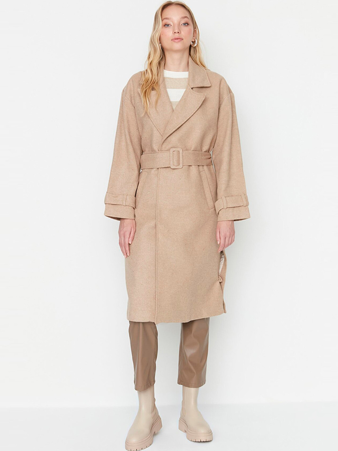 Trendyol Women Brown Solid Longline Overcoat