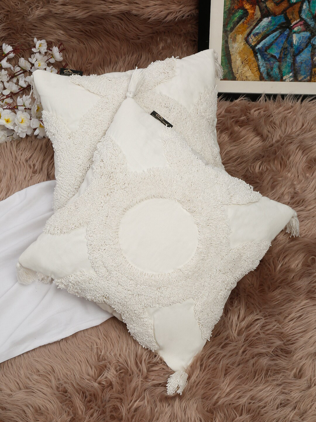 HOSTA HOMES Hand Tufted Self Design Cotton 2 Pcs Embroidered Cushion Covers - 16 x 16 In