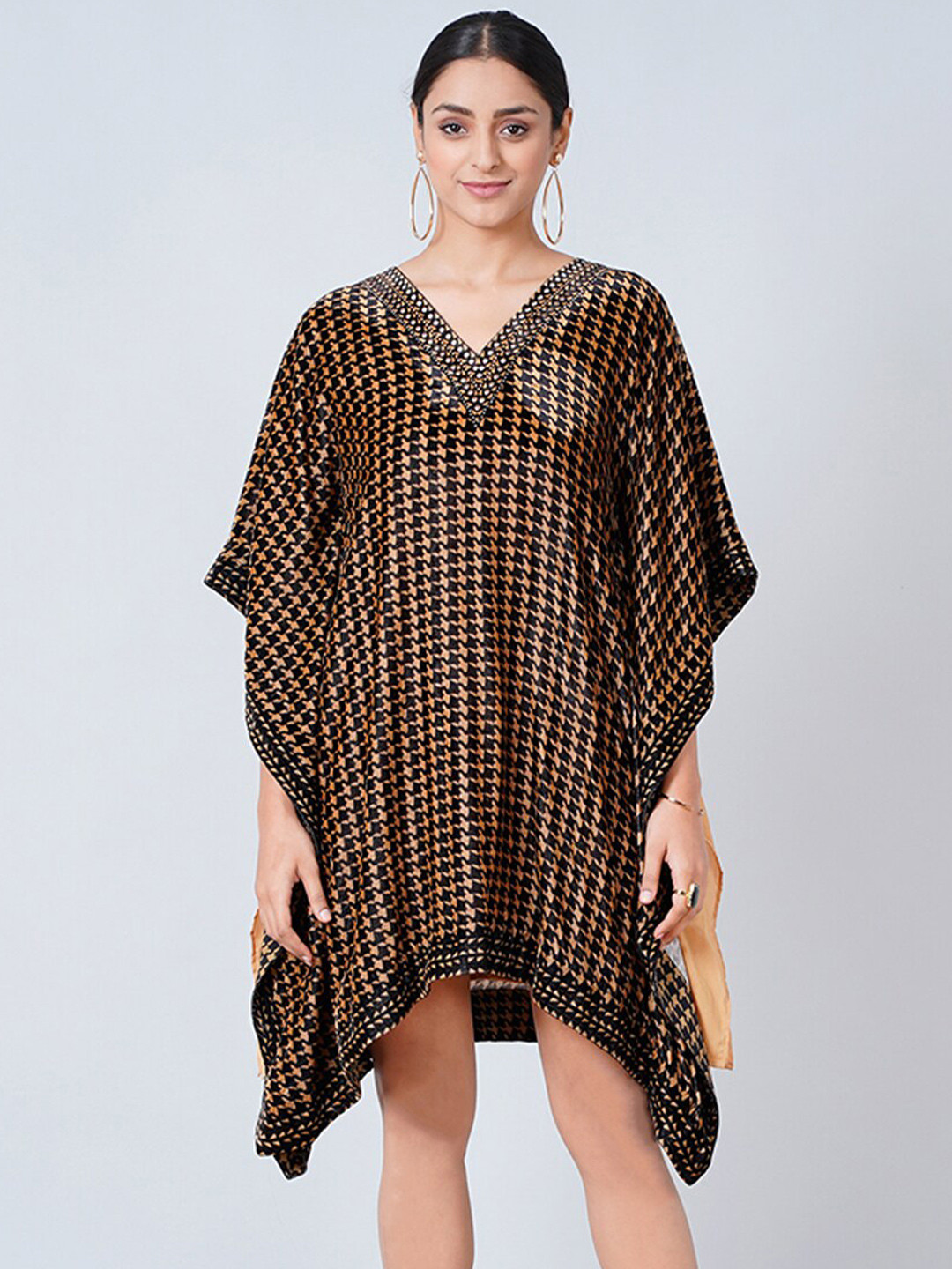 First Resort by Ramola Bachchan Houndstooth Printed Mini Silk Velvet Kaftan Dress
