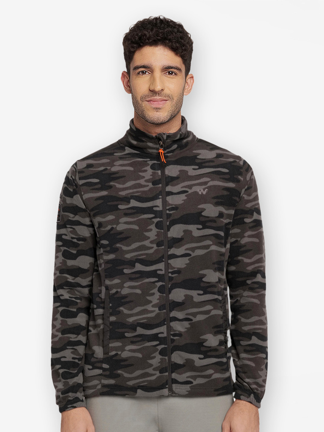 Wildcraft Men Black Grey Camouflage Fleece Water Resistant Outdoor Tailored Jacket