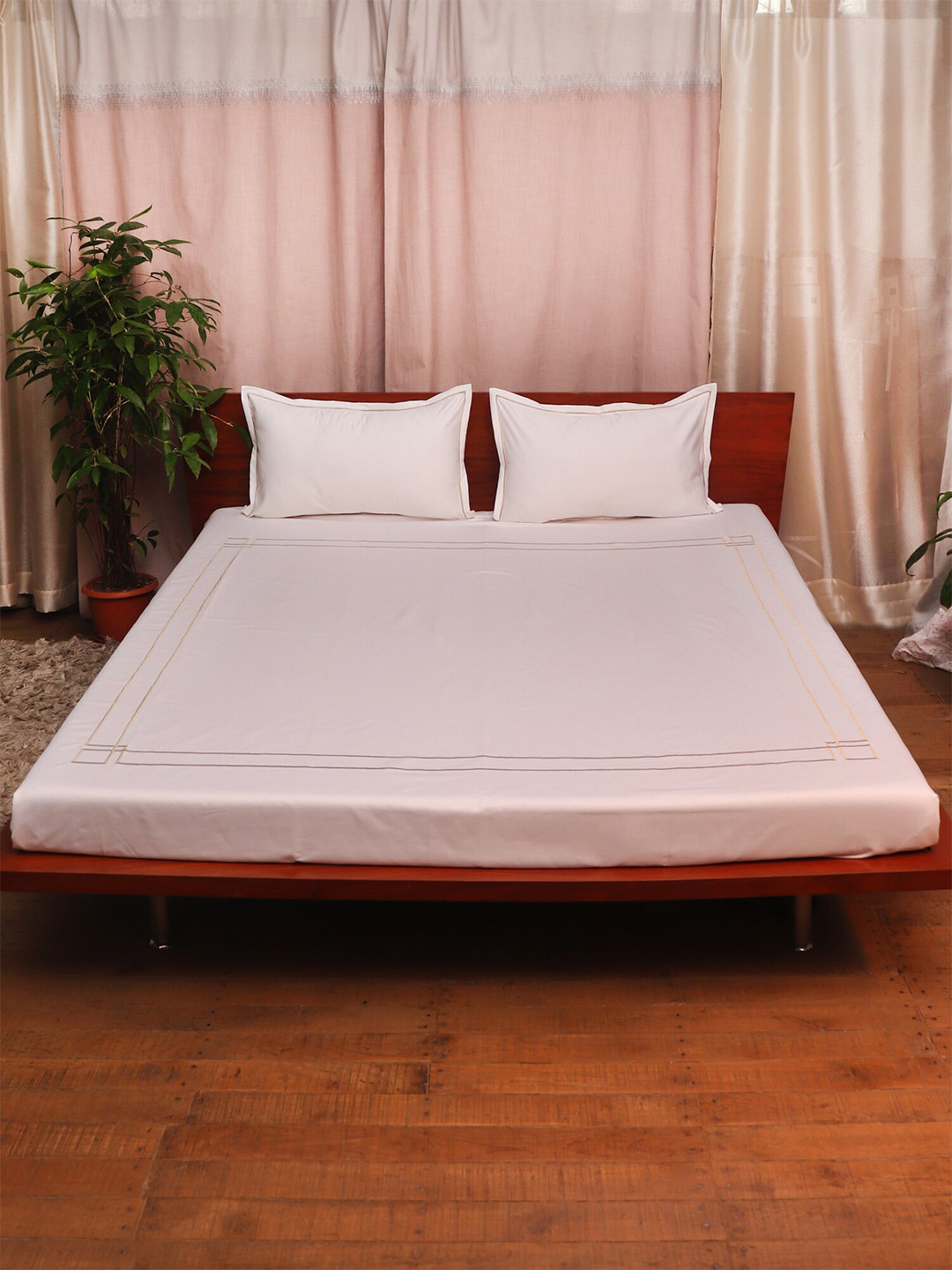 ZEBA White Solid Cotton 300 TC King Fine Bedsheet with 2 Pillow Covers-274.32 x 274.32 cm